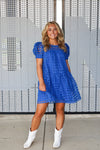 PUFF SLEEVE MESH DRESS IN ROYAL