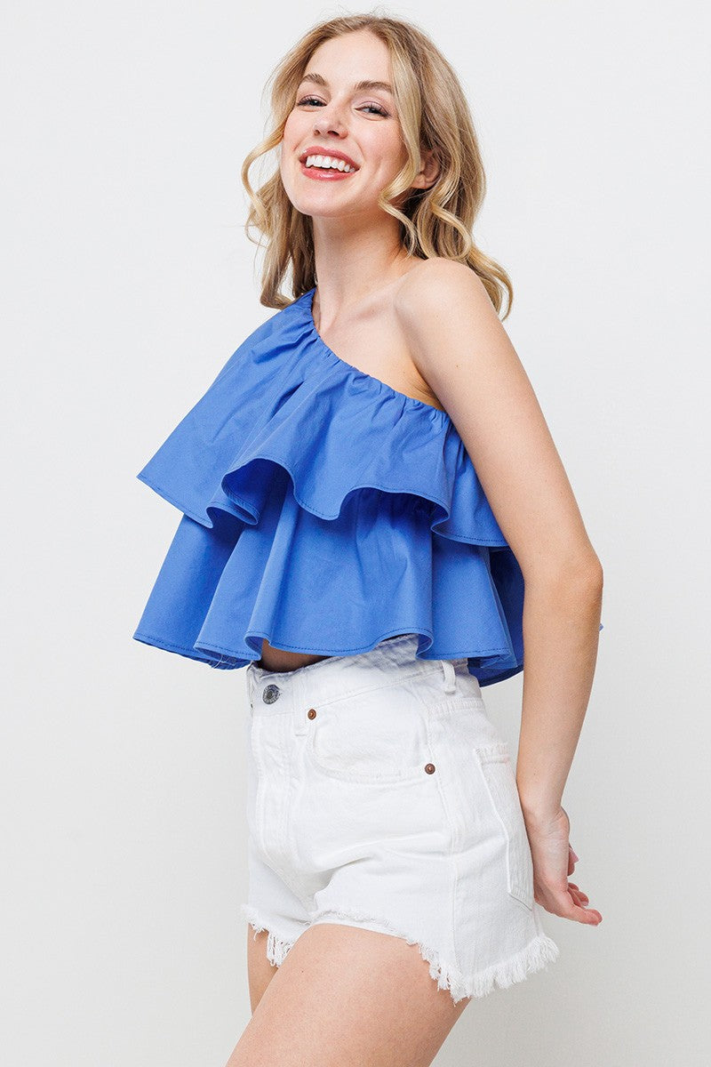 RUFFLED ONE SHOULDER CROP TOP IN BLUE