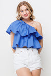 RUFFLED ONE SHOULDER CROP TOP IN BLUE