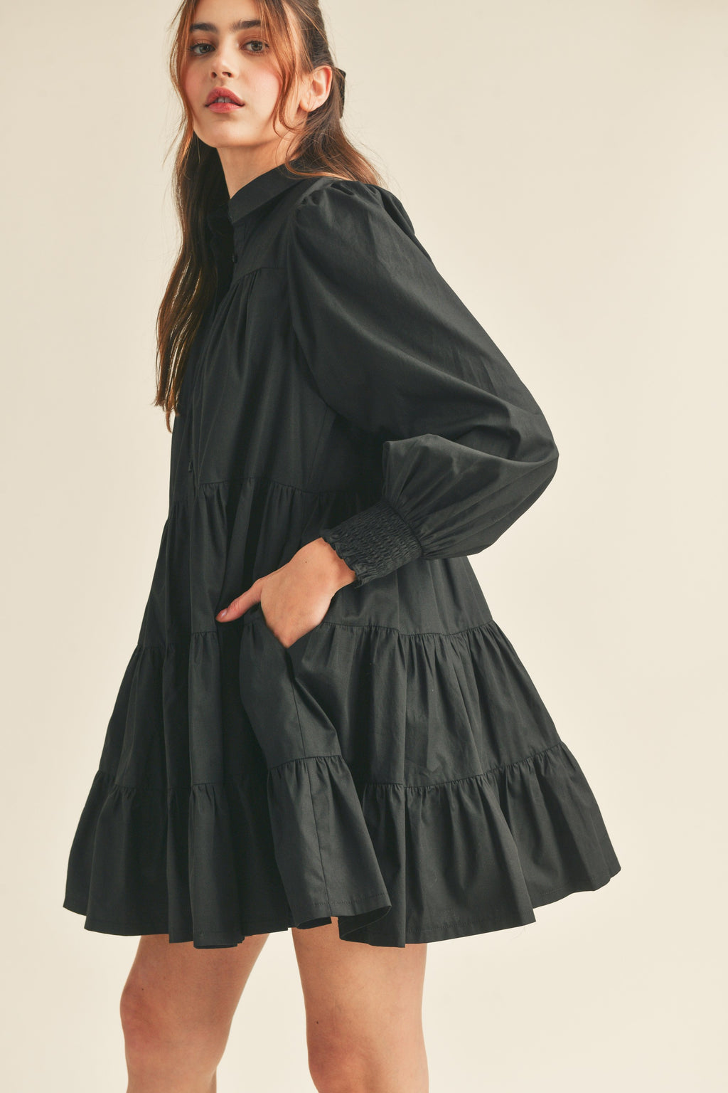 BLACK BUTTON DOWN LONG SLEEVE DRESS