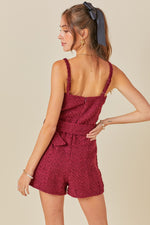 TWEED BELTED ROMPER IN WINE