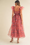 ORGANZA RUFFLE SLEEVES FLORAL MAXI DRESS