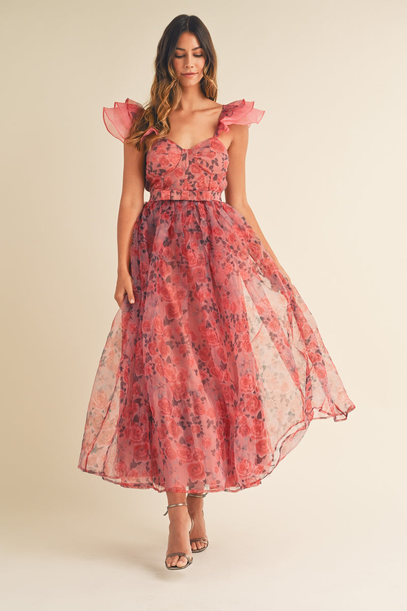 ORGANZA RUFFLE SLEEVES FLORAL MAXI DRESS