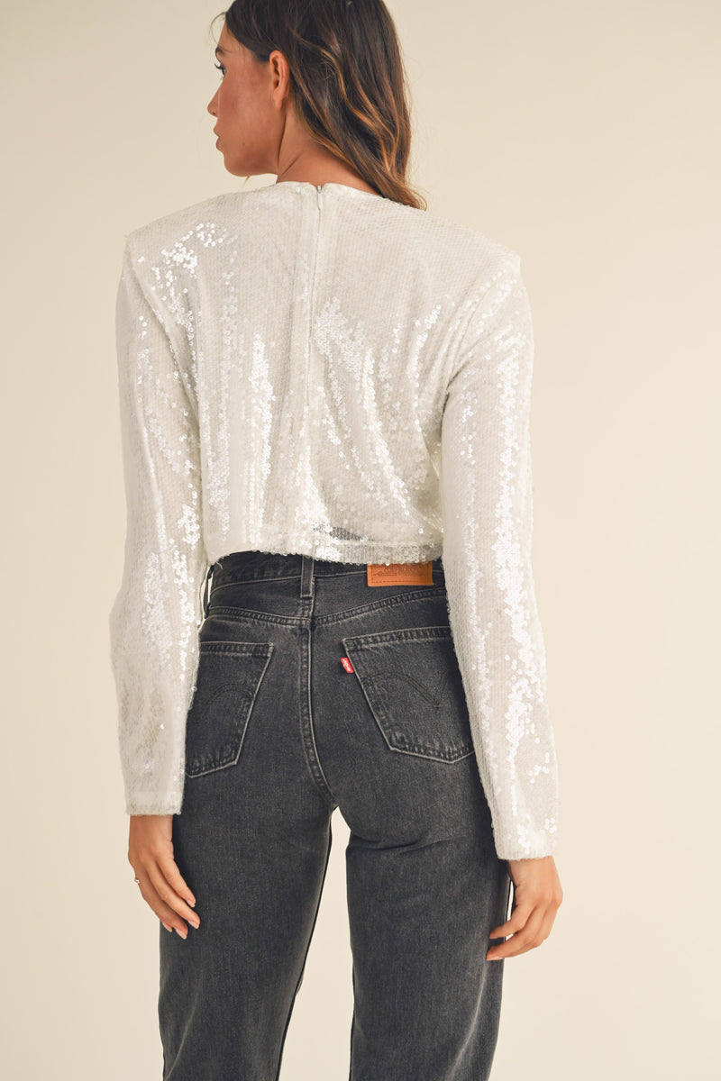 SEQUIN SHOULDER PAD TOP IN CREAM