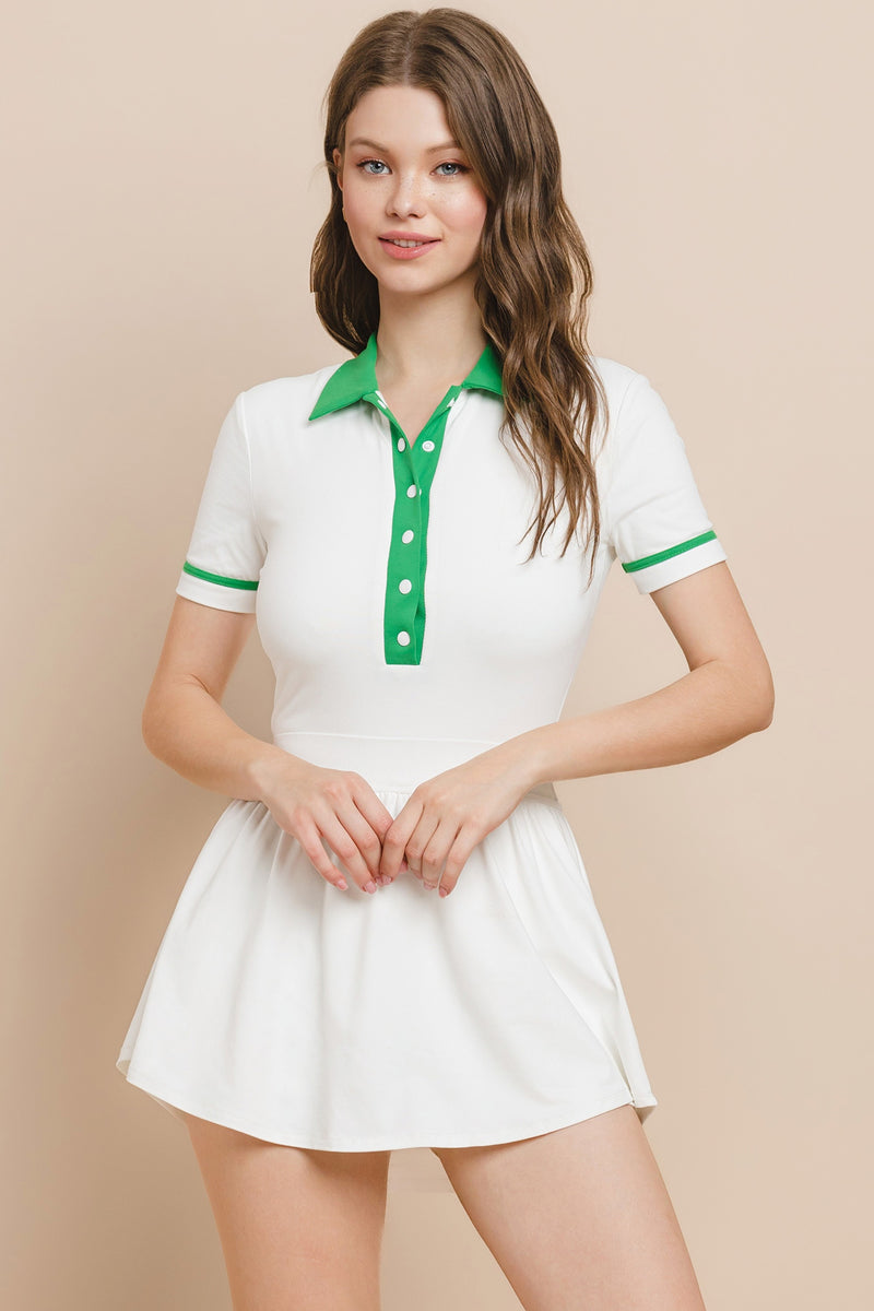 WHITE AND GREEN BUTTON UP TENNIS DRESS