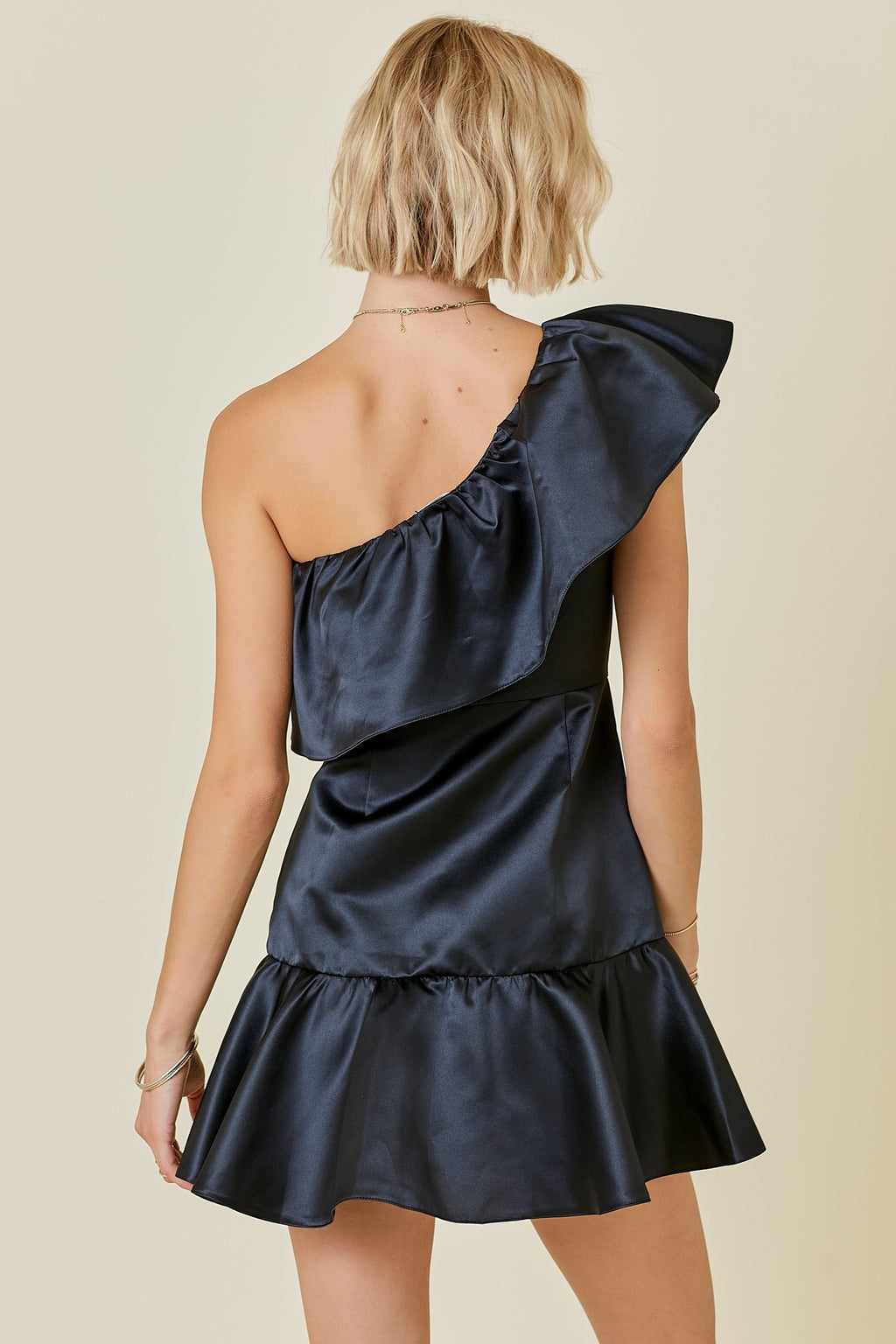 SATIN BLACK ONE SHOULDER RUFFLE MINI DRESS