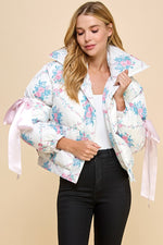 WHITE/PINK FLORAL PRINT PUFFER JACKET