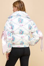 WHITE/PINK FLORAL PRINT PUFFER JACKET