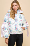 WHITE/PINK FLORAL PRINT PUFFER JACKET