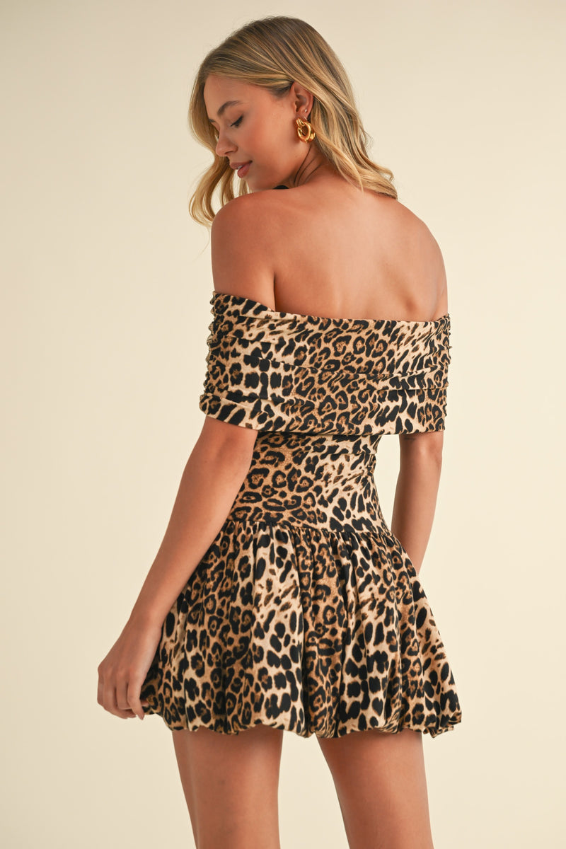 OFF THE SHOULDER MINI CHEETAH DRESS