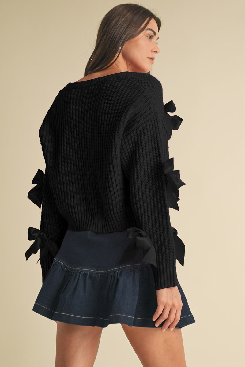 BLACK SILK BOW SWEATER