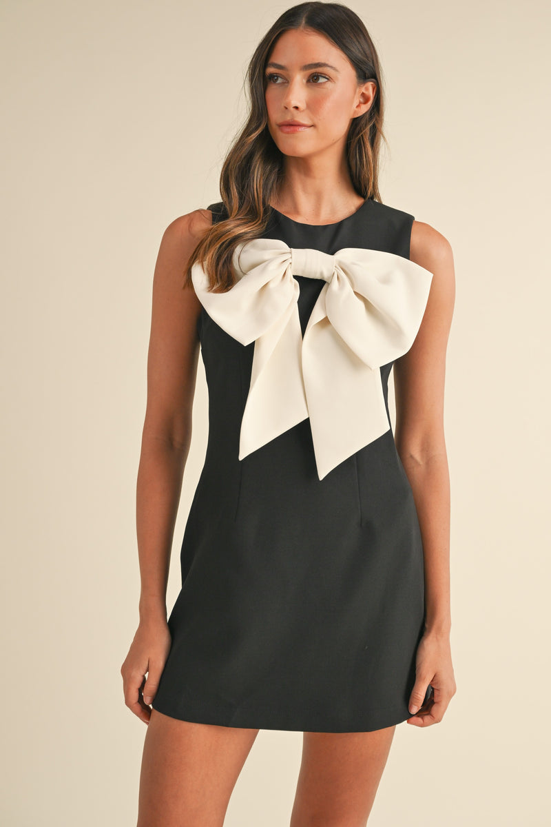 BLACK AND CREAM BOW MINI DRESS