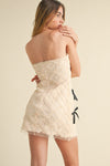 FLORAL MESH STRAPLESS BOW DRESS