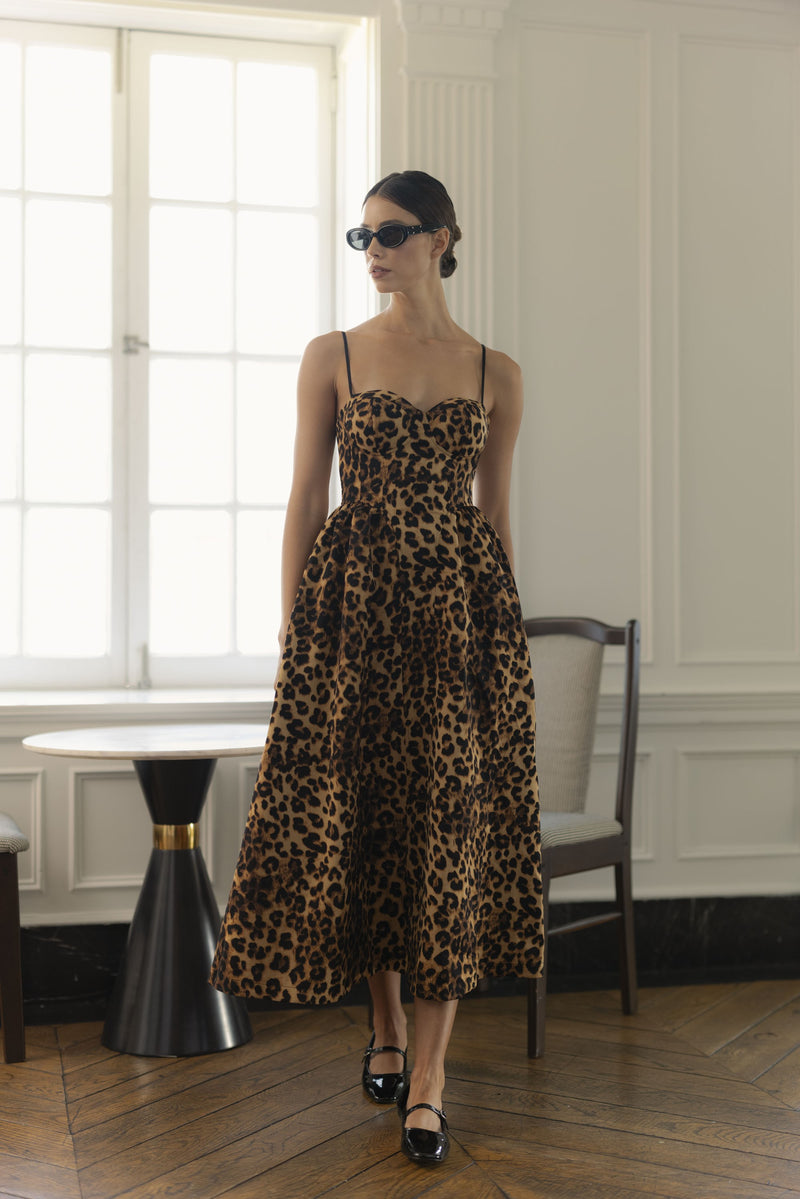 LEOPARD BUSTIER MIDI DRESS