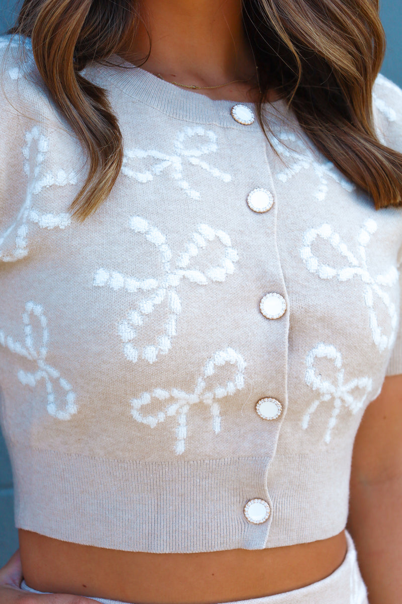 BOW PRINT CARDIGAN + SKIRT SET