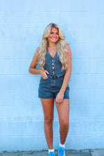 V-NECK SLEEVELESS DENIM ROMPER