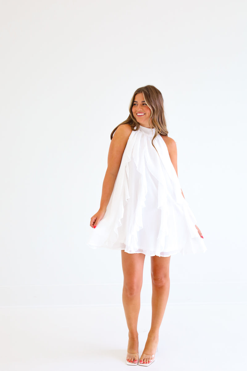 WHITE RUFFLE SWING DRESS