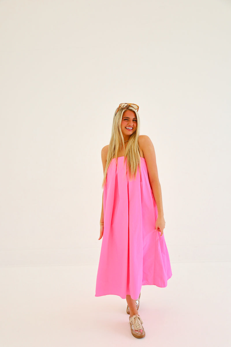 BUBBLEGUM PINK PLEATED MAXI DRESS