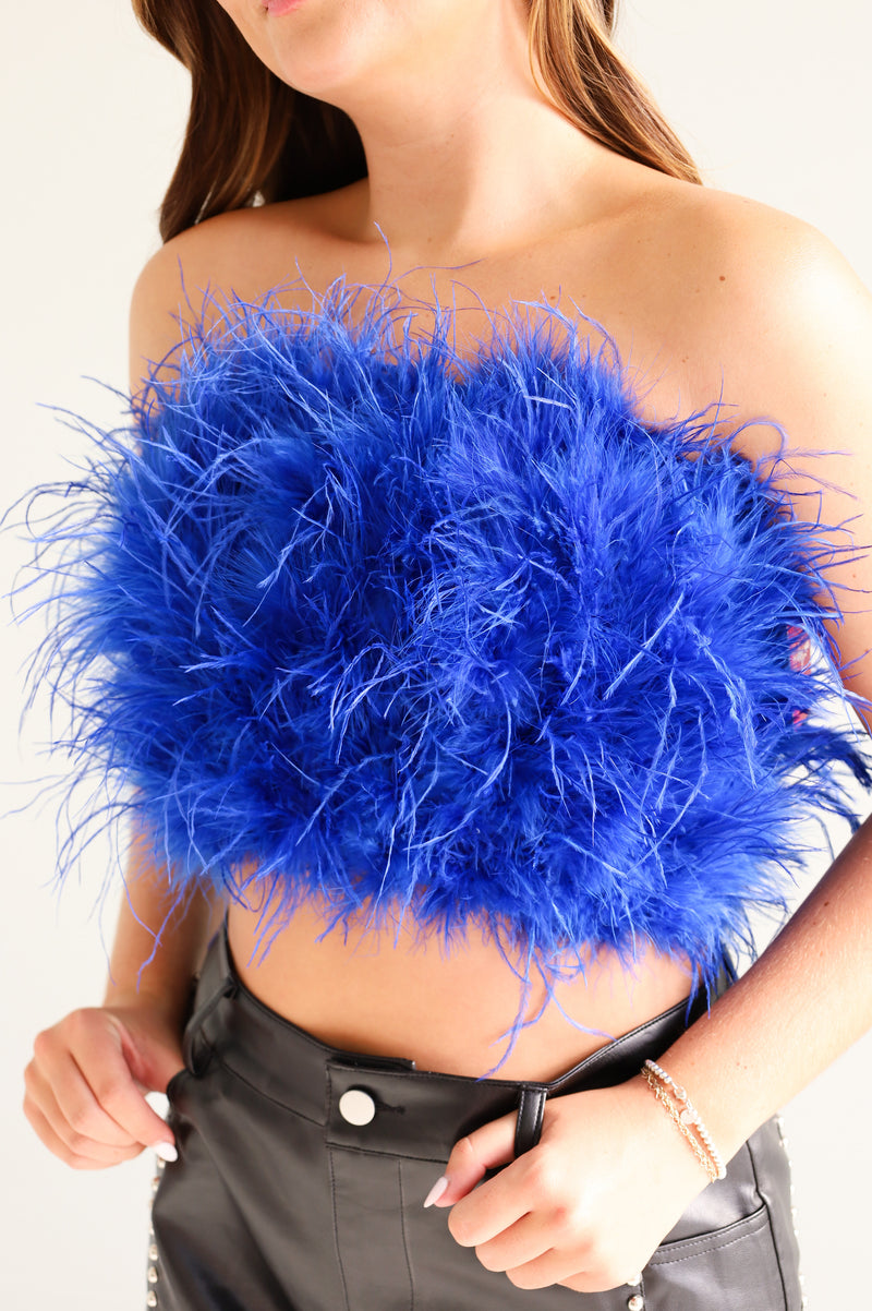 FANCY STRAPLESS FEATHER CROP TOP IN ROYAL BLUE | BUDDY LOVE