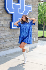 SEQUINS TIERED T-SHIRT DRESS IN ROYAL