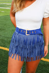 RHINESTONE FRINGE BELTED SHORTS IN ROYAL