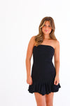 BLACK STRAPLESS RUFFLE DRESS