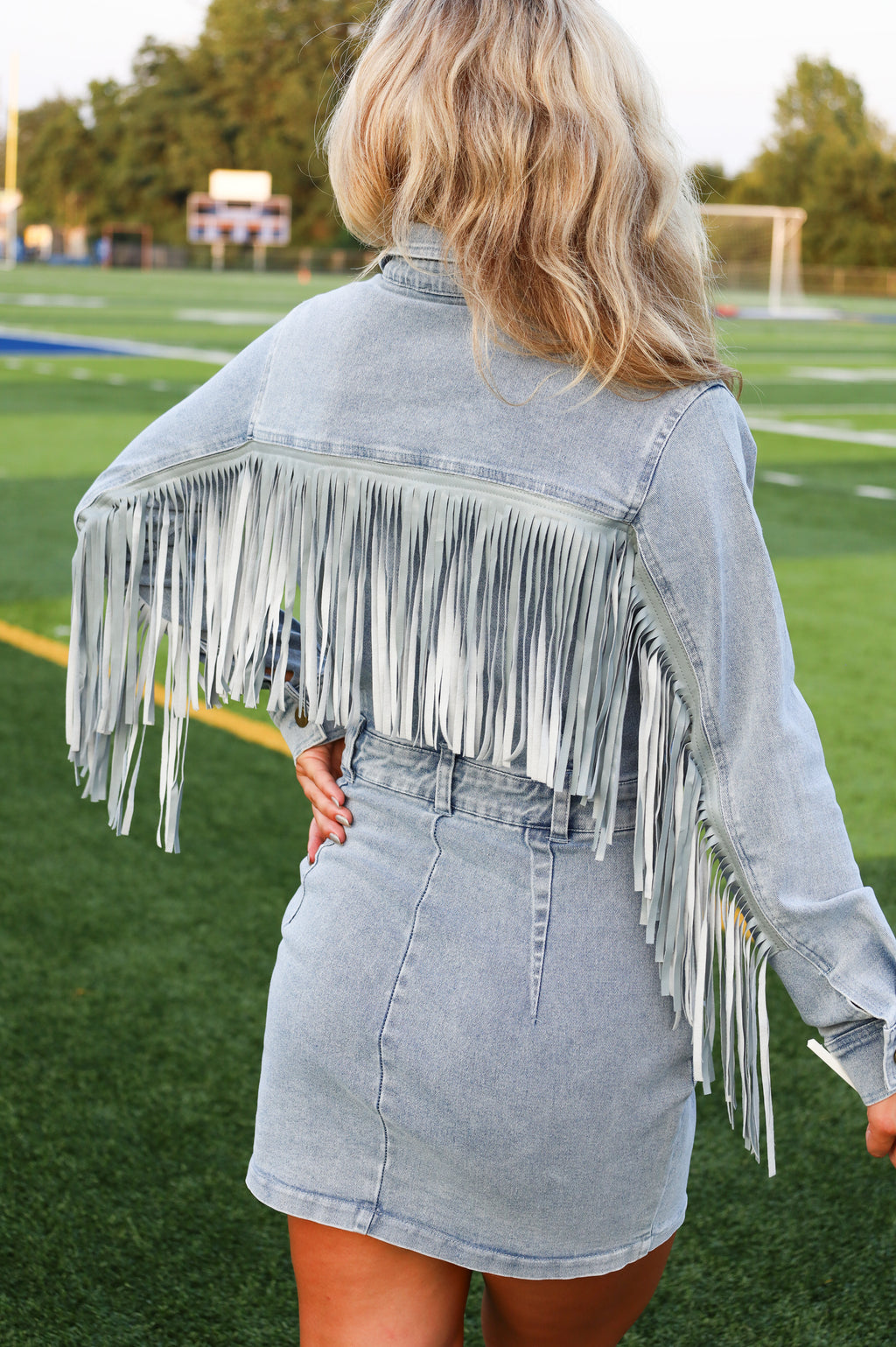 DENIM FRINGE BUTTON UP DRESS