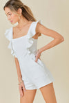 DENIM RUFFLE ROMPER IN OFF WHITE