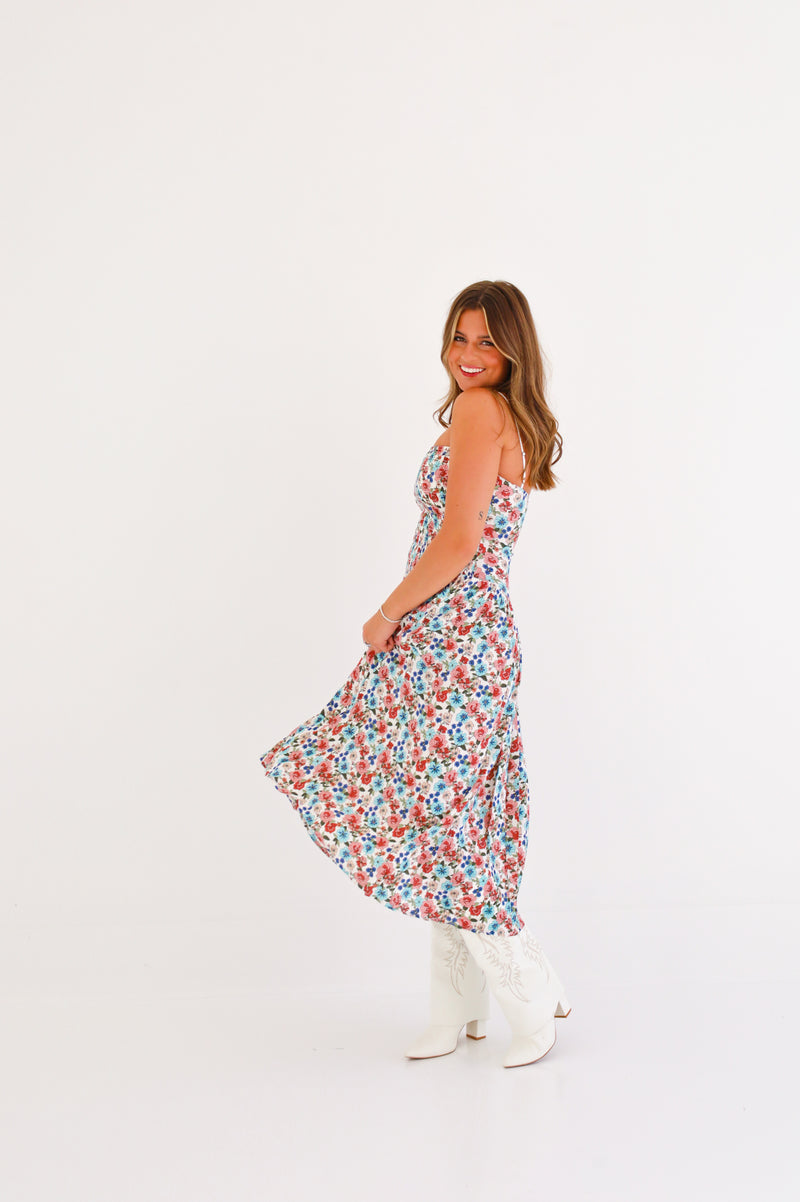 FLORAL SMOCKED  DROP-WAIST MIDI DRESS