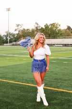 RHINESTONE FRINGE BELTED SHORTS IN ROYAL