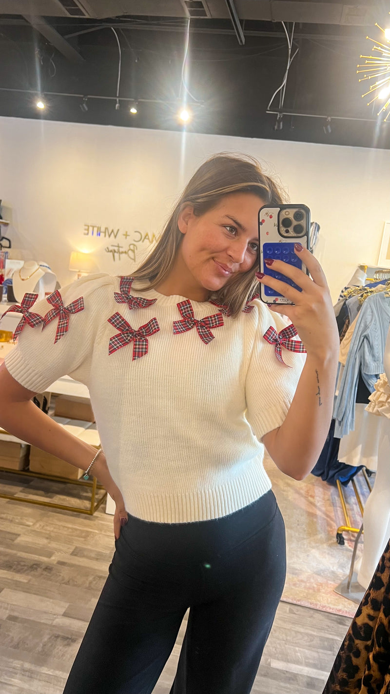 CROPPED SWEATER W/ SATIN BOW TRIM