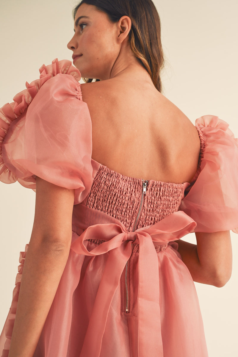 RUFFLE DETAIL MINI DRESS IN MAUVE