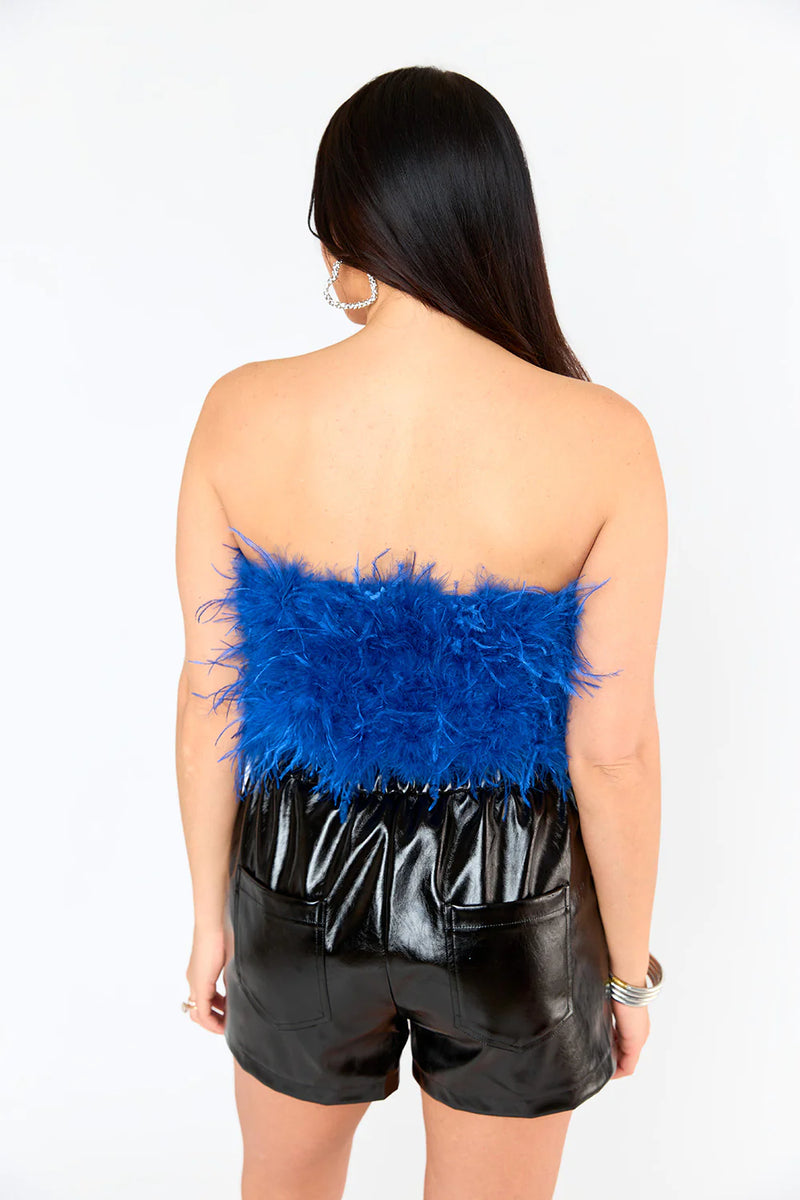 FANCY STRAPLESS FEATHER CROP TOP IN ROYAL BLUE | BUDDY LOVE