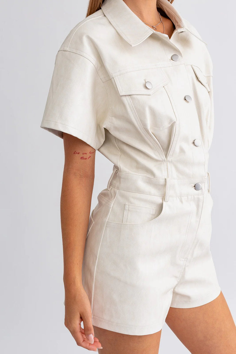 FAUX LEATHER SHORT SLEEVE ROMPER IN CREAM