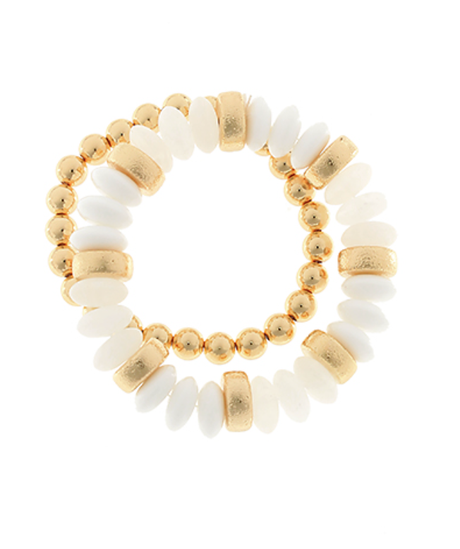 2 ROW BEADED BRACELET SET IN WHITE/GOLD