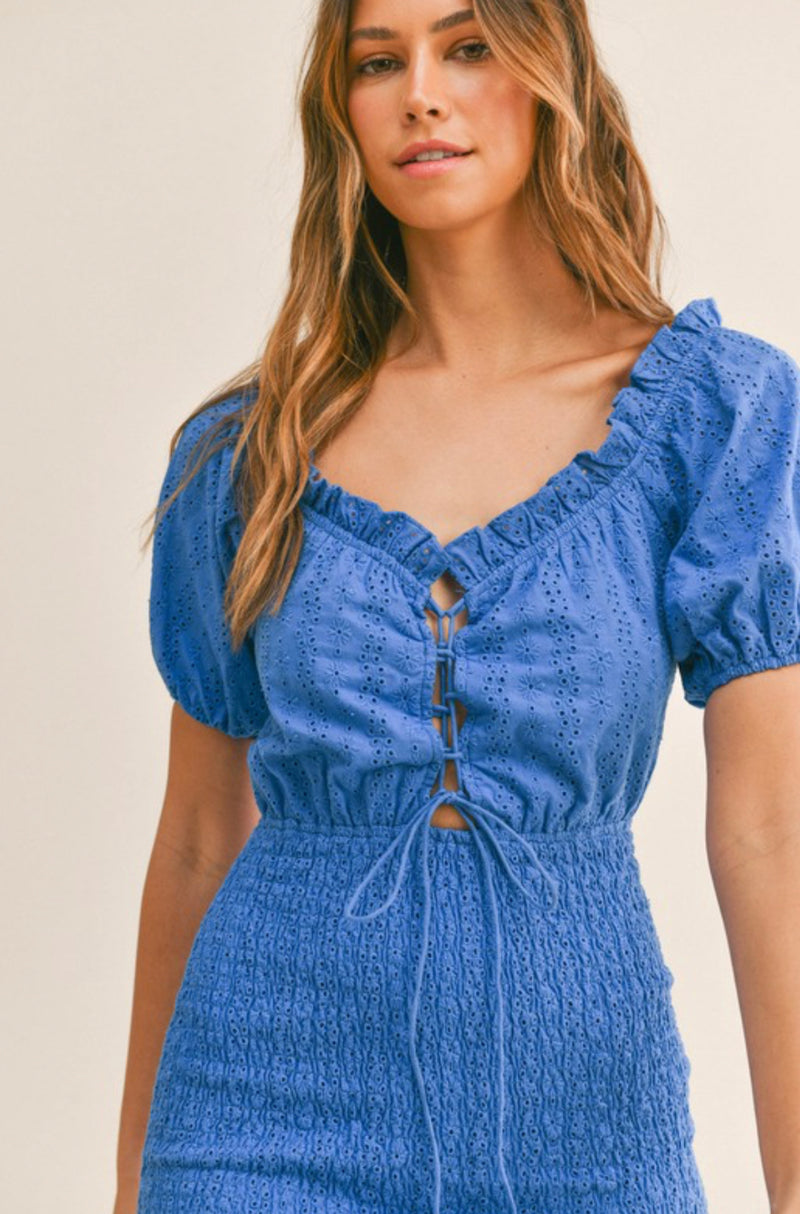 BLUE EYELET SMOCKED MINI DRESS