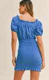 BLUE EYELET SMOCKED MINI DRESS