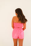 STRAPLESS PATENT RIBBON TOP IN HOT PINK