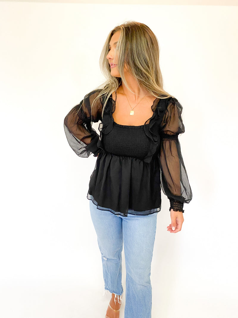 ORGANZA PEPLUM TOP IN BLACK